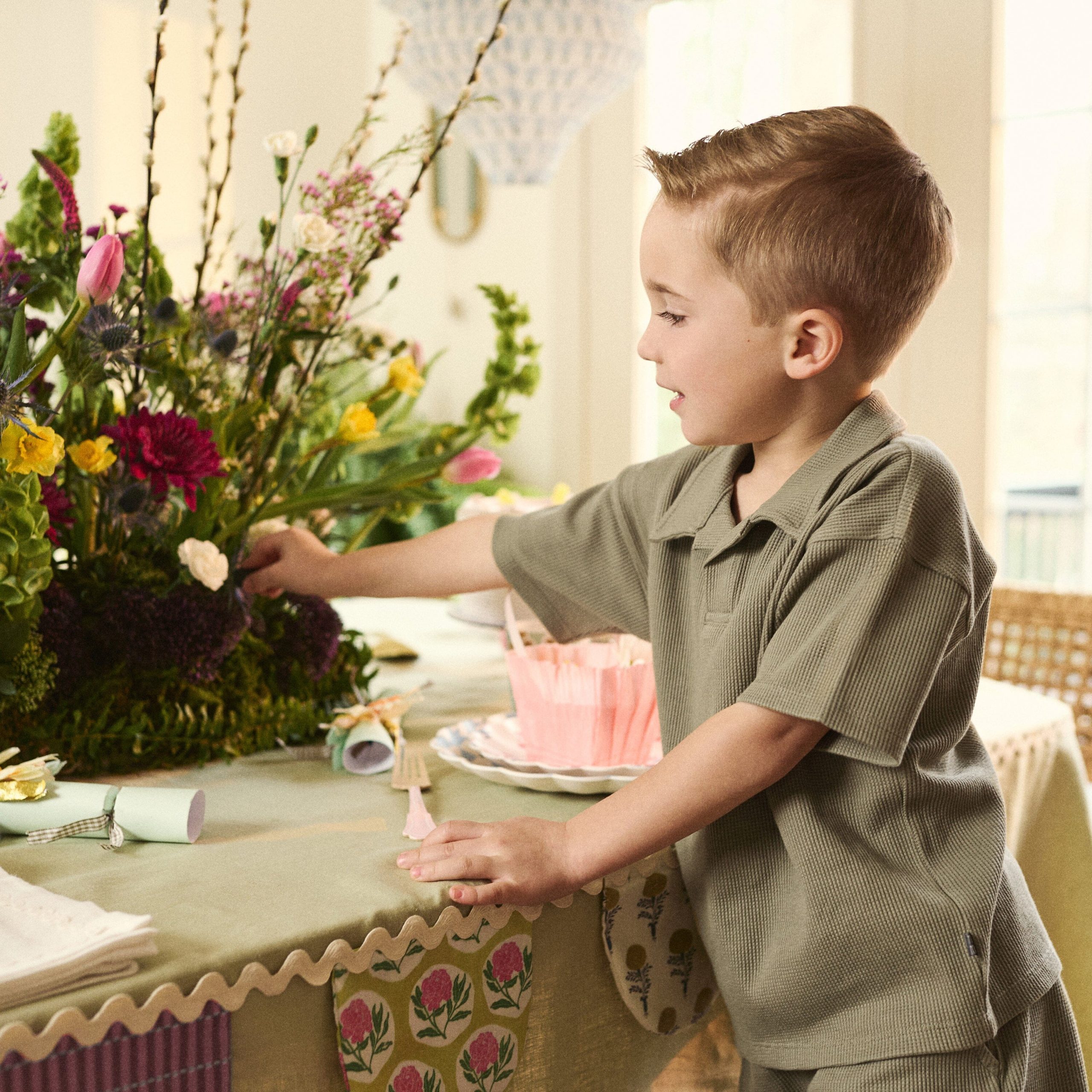 2-Piece Boys Muted Olive Johnny Collar Shirt and Shorts Set - Image 3