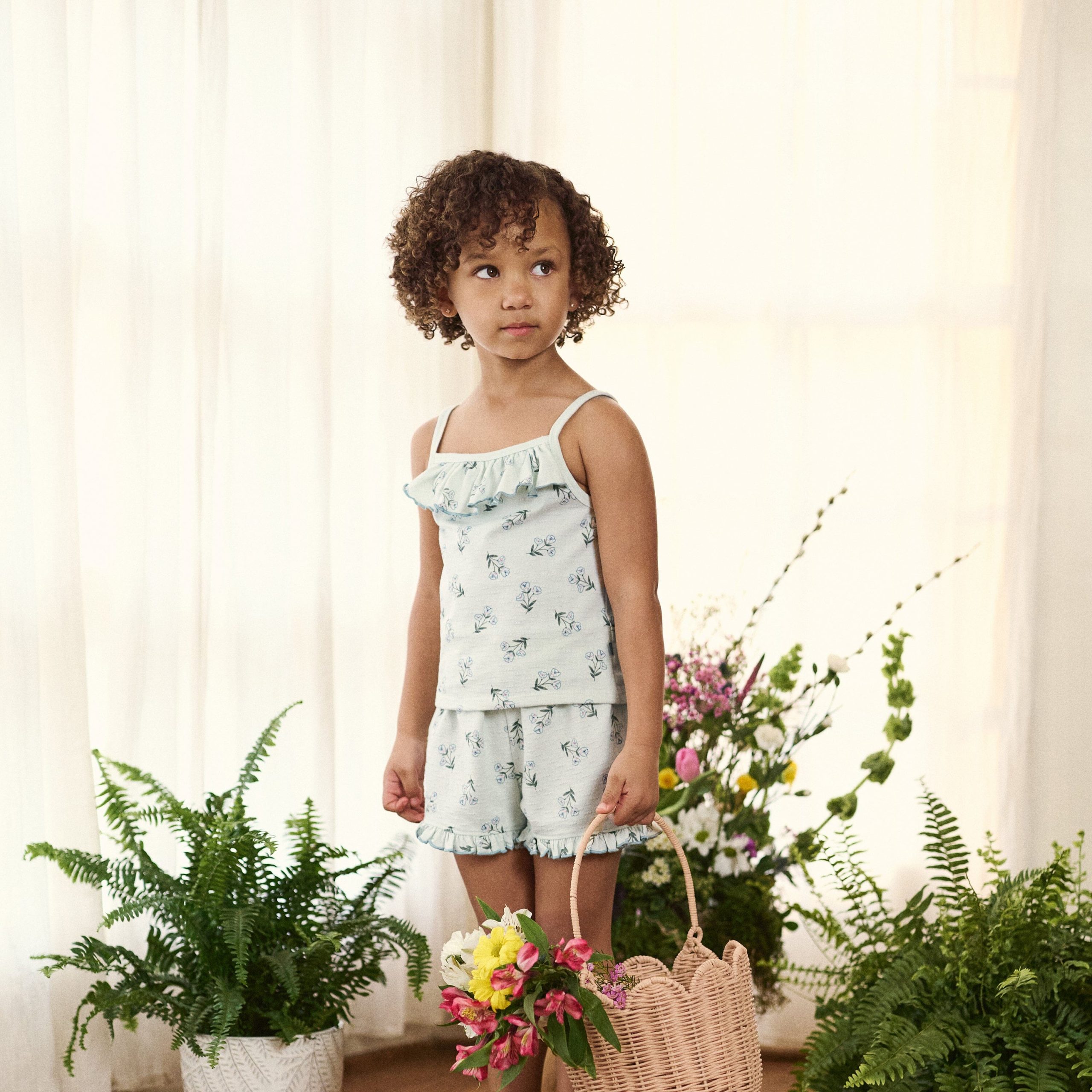 4-Piece Girls Blue Floral Tank Tops & Shorts Set - Image 2