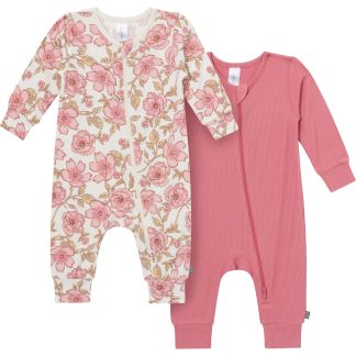 2-Pack Baby Girls Pink Flower Zip Front Viscose Rompers