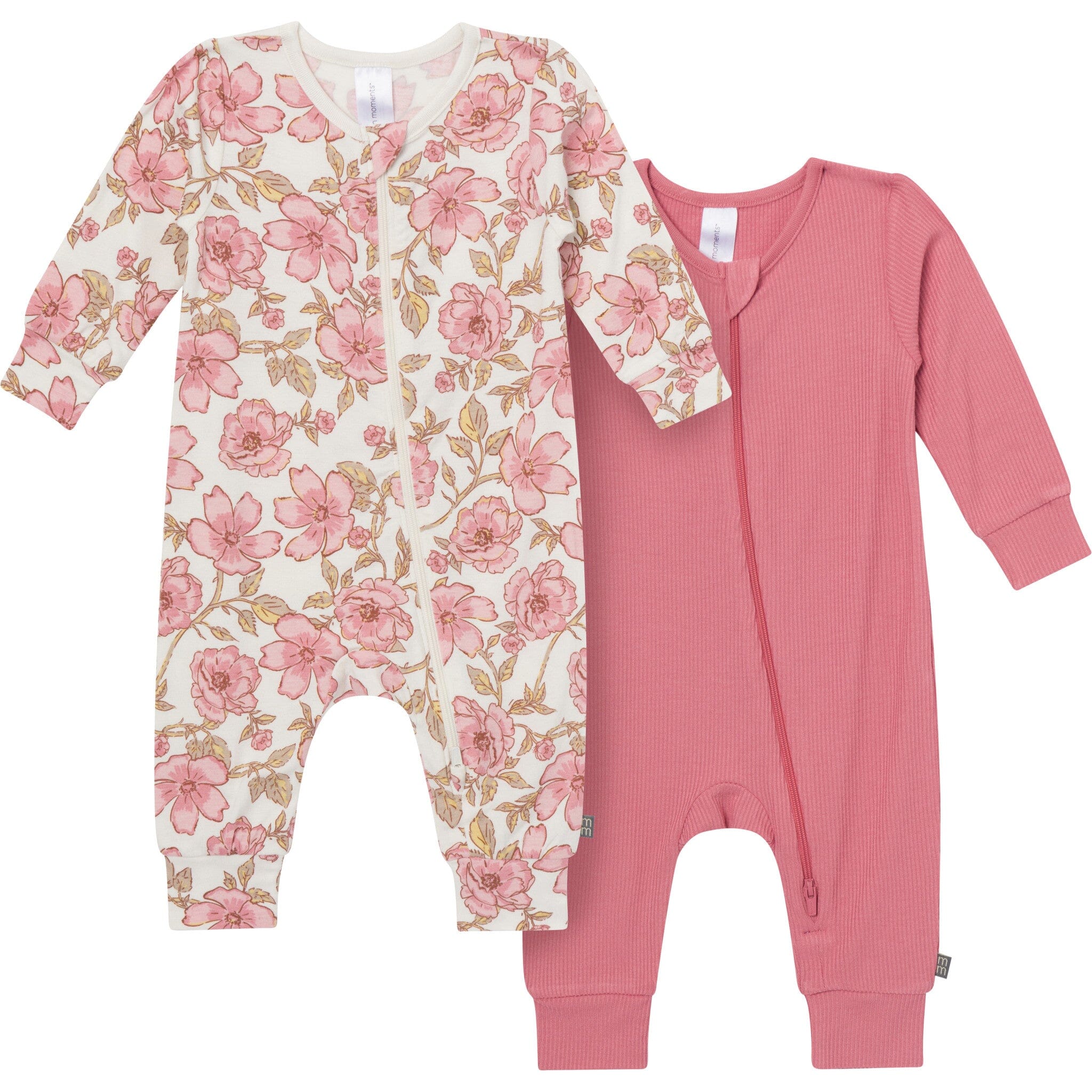 2-Pack Baby Girls Pink Flower Zip Front Viscose Rompers