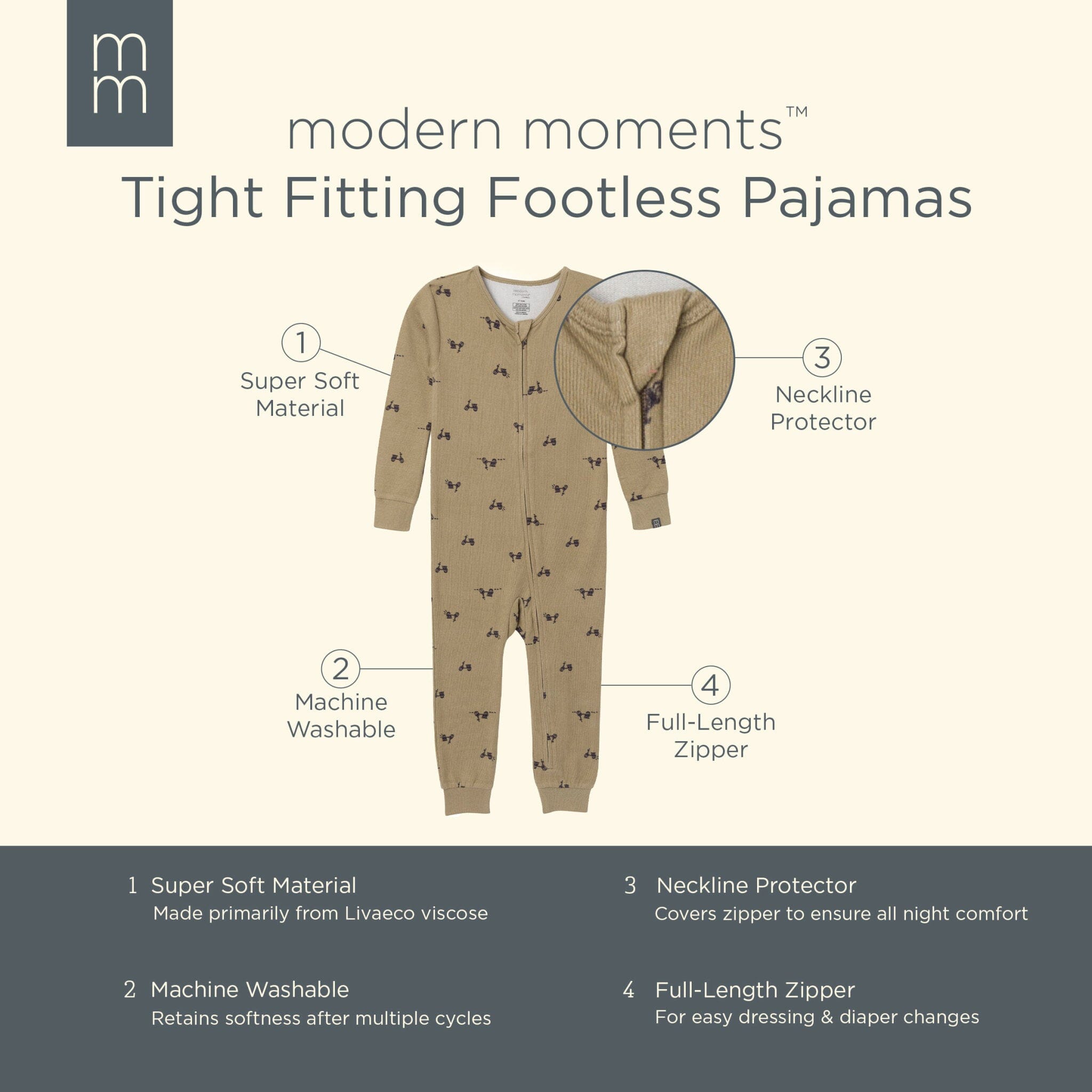 Baby & Toddler Neutral Olive Scooters Snug Fit Footless Pajamas - Image 6