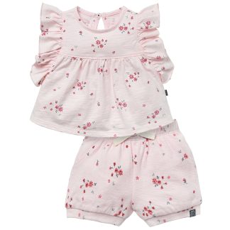 2-Piece Baby Girls Light Pink Floral Ruffled Sleeve Top & Cuffed Shorts Set