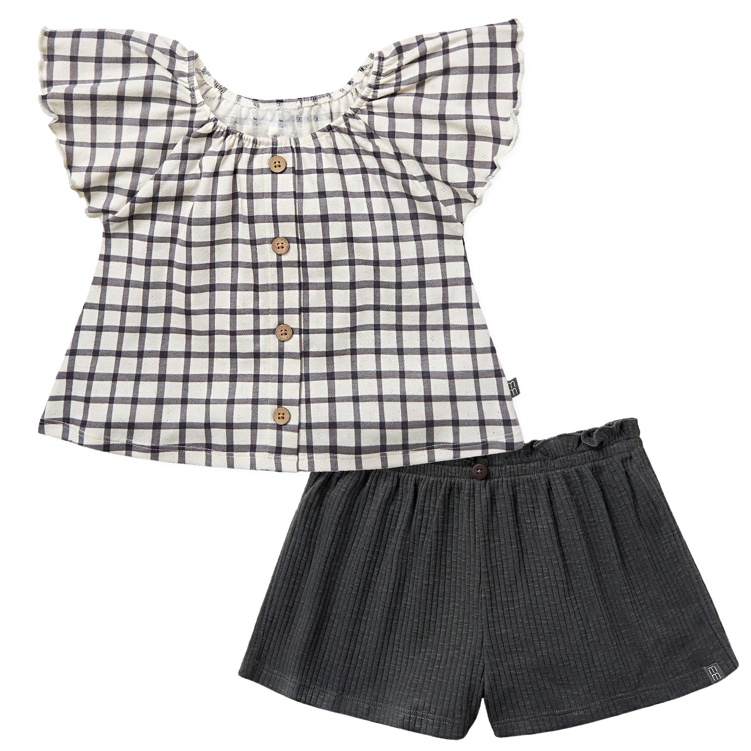 2-Piece Infant & Toddler Girls Dark Grey Plaid Ruffled Sleeve Top & Wide Leg Shorts Set