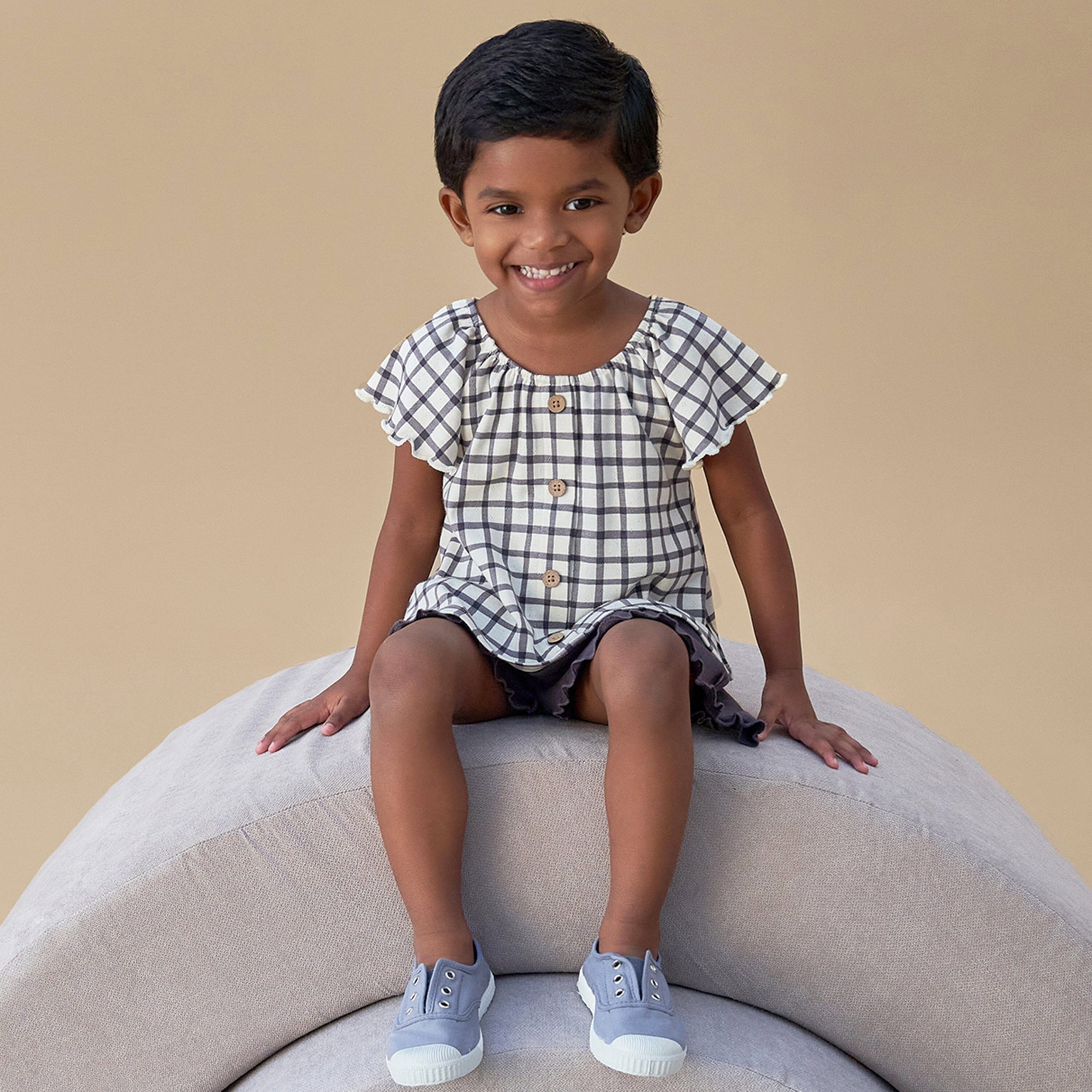 2-Piece Infant & Toddler Girls Dark Grey Plaid Ruffled Sleeve Top & Wide Leg Shorts Set - Image 2