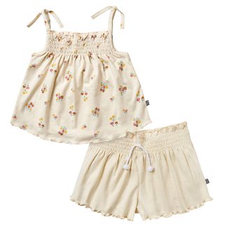 2-Piece Infant & Toddler Girls Beige Flowers Smocked Sleeveless Top & Wide Leg Shorts Set