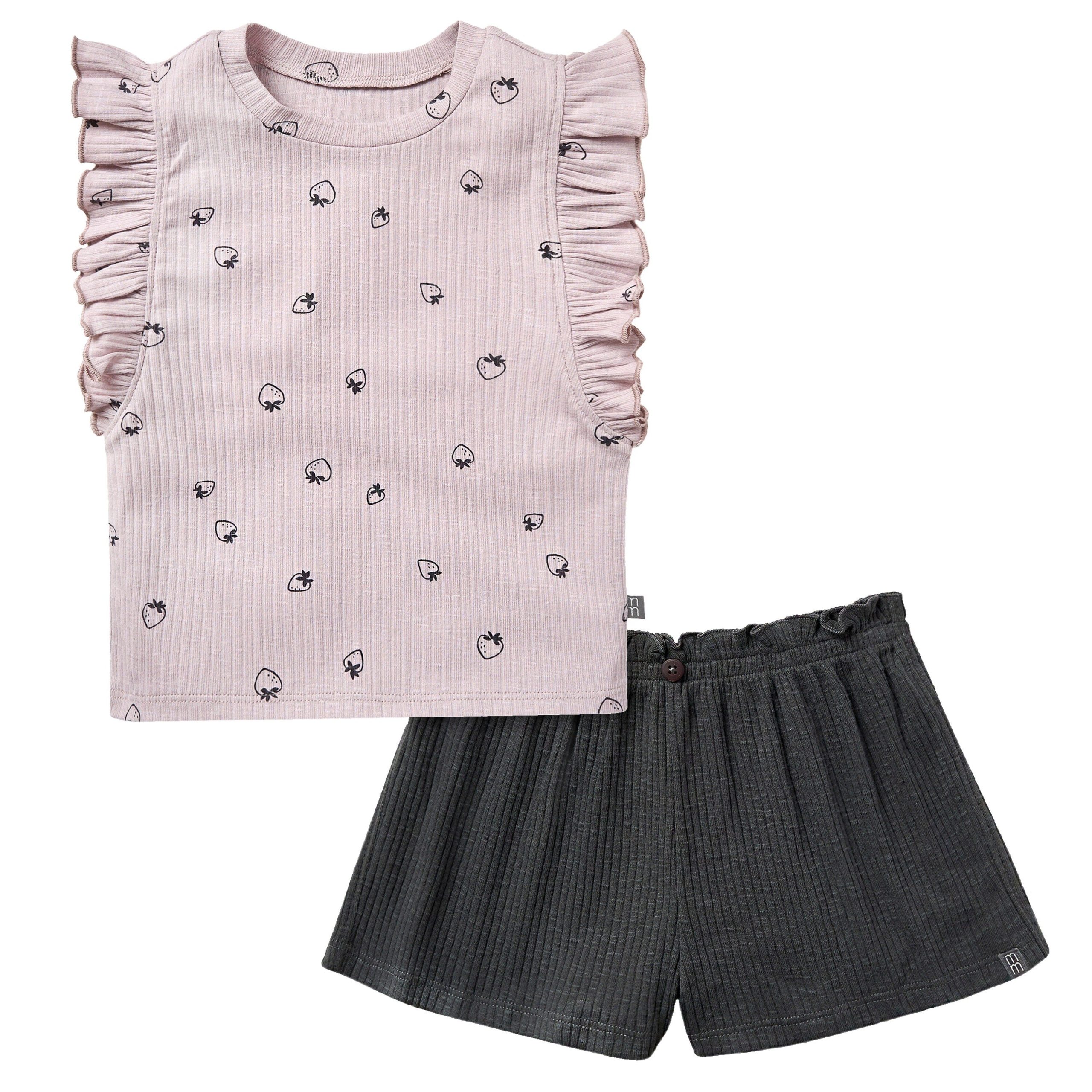 2-Piece Infant & Toddler Girls Lilac Strawberry Ruffled Sleeveless Top & Wide Leg Shorts Set