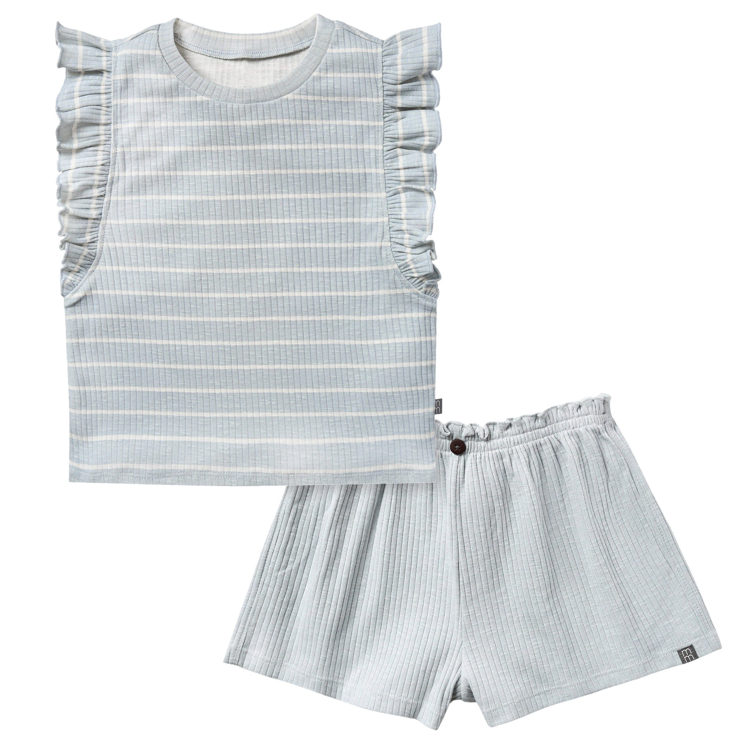 2-Piece Infant & Toddler Girls Light Blue Stripe Ruffled Sleeveless Top & Wide Leg Shorts Set