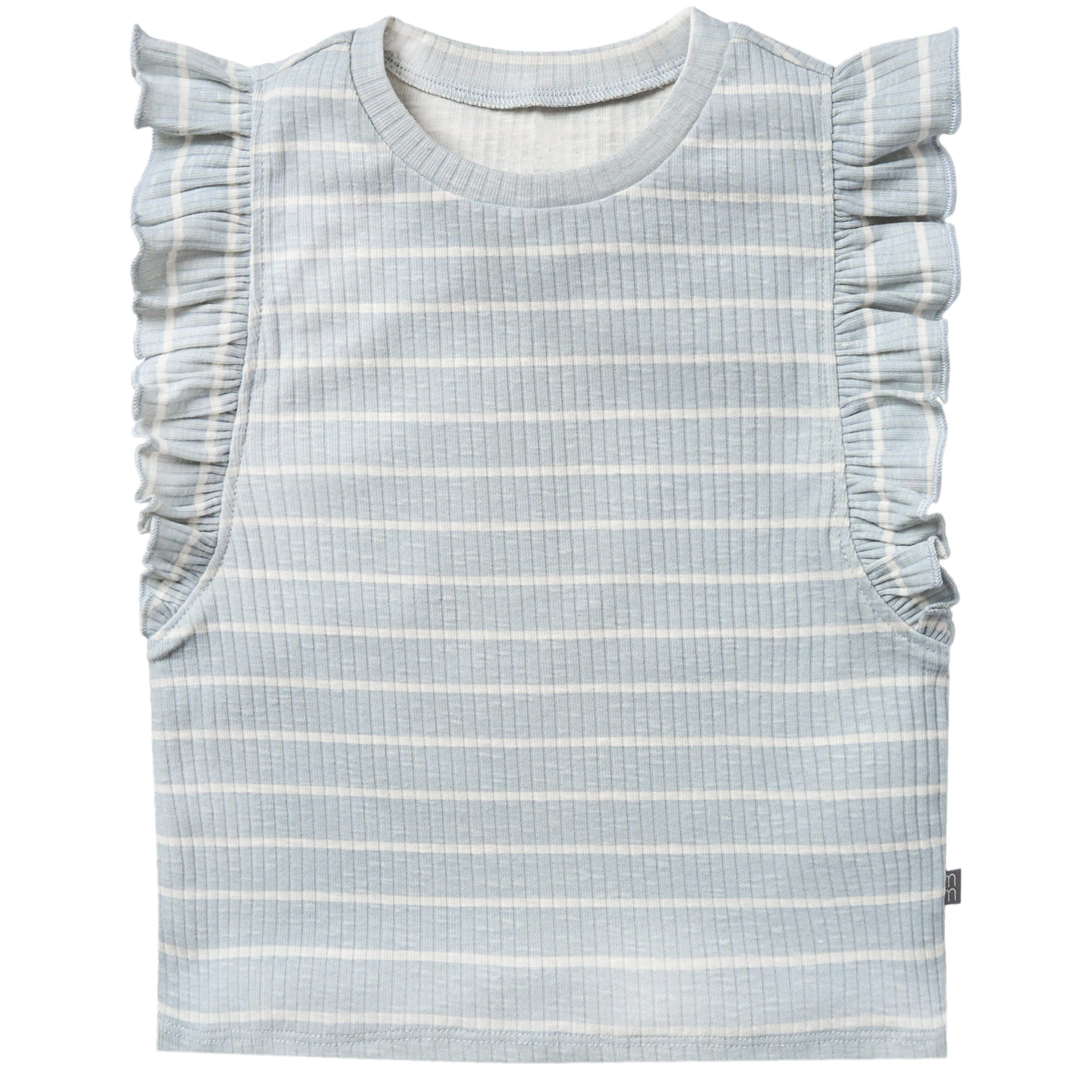 2-Piece Infant & Toddler Girls Light Blue Stripe Ruffled Sleeveless Top & Wide Leg Shorts Set - Image 2