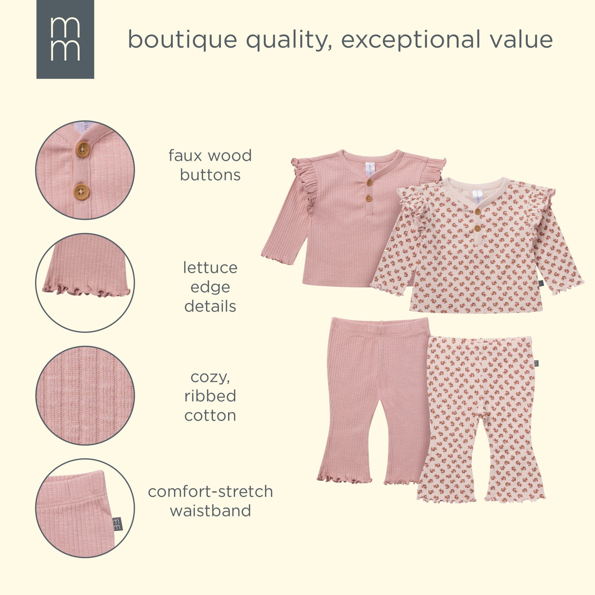 4-Piece Baby Girls Pink Petite Ditsy Henley Ruffle Tops and Pants Set - Image 12