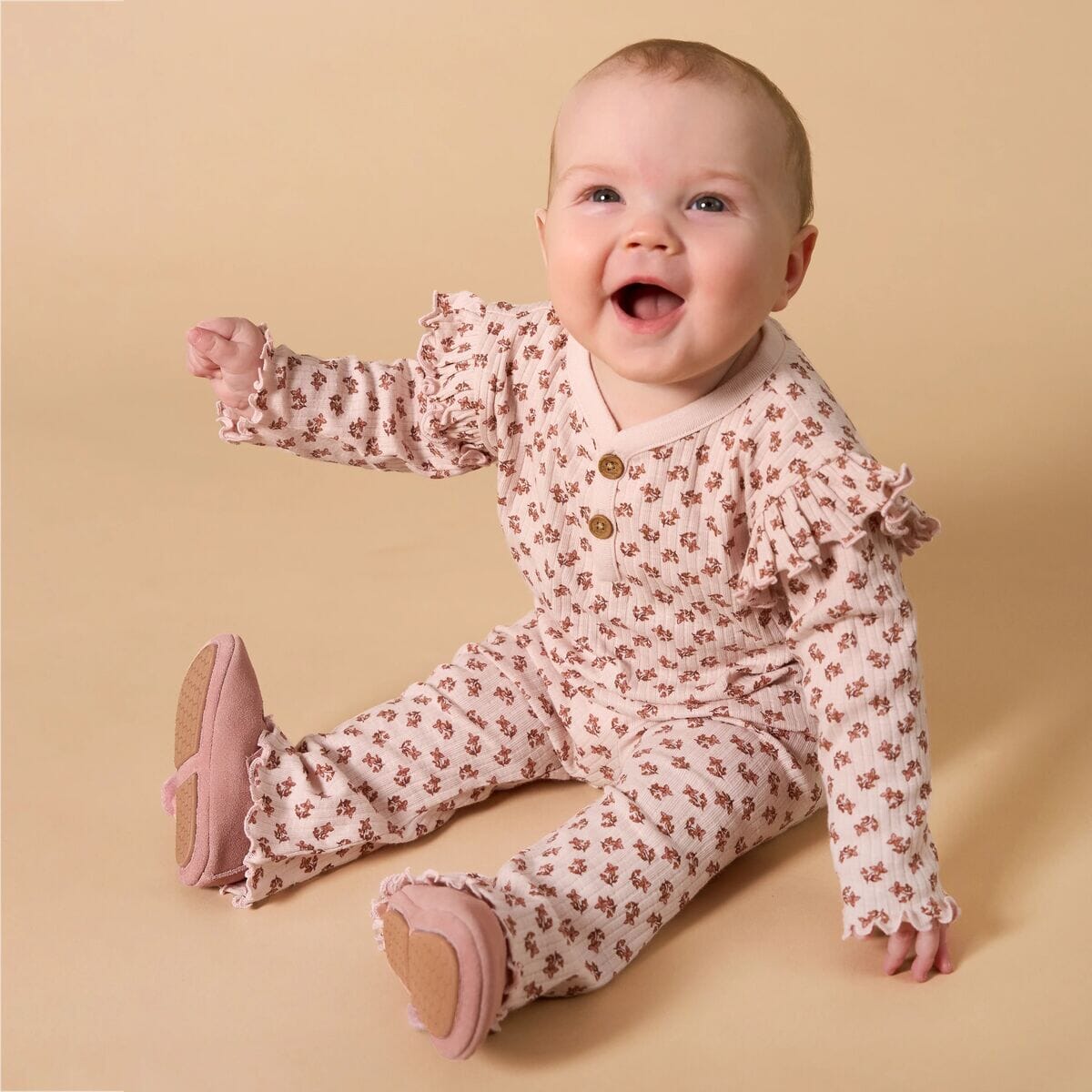 4-Piece Baby Girls Pink Petite Ditsy Henley Ruffle Tops and Pants Set - Image 2