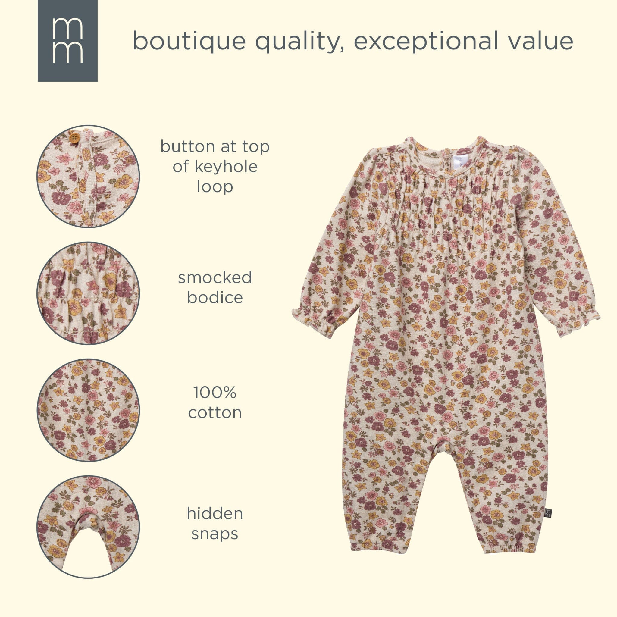 Baby Girls Rainy Day Floral Smocked Long Leg Romper - Image 6