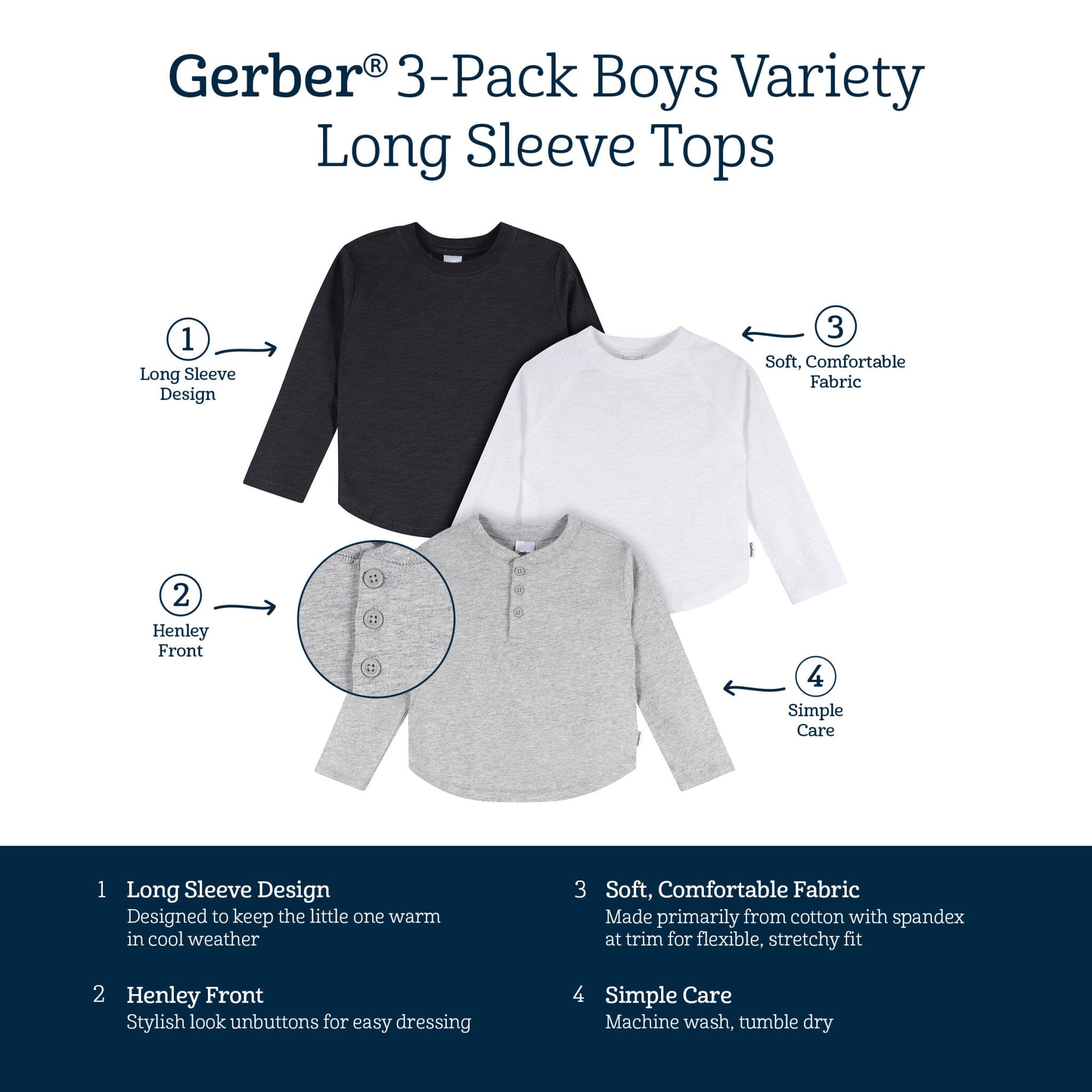 3-Pack Infant & Toddler Boys Black/White/Grey Long Sleeve Shirts - Image 6