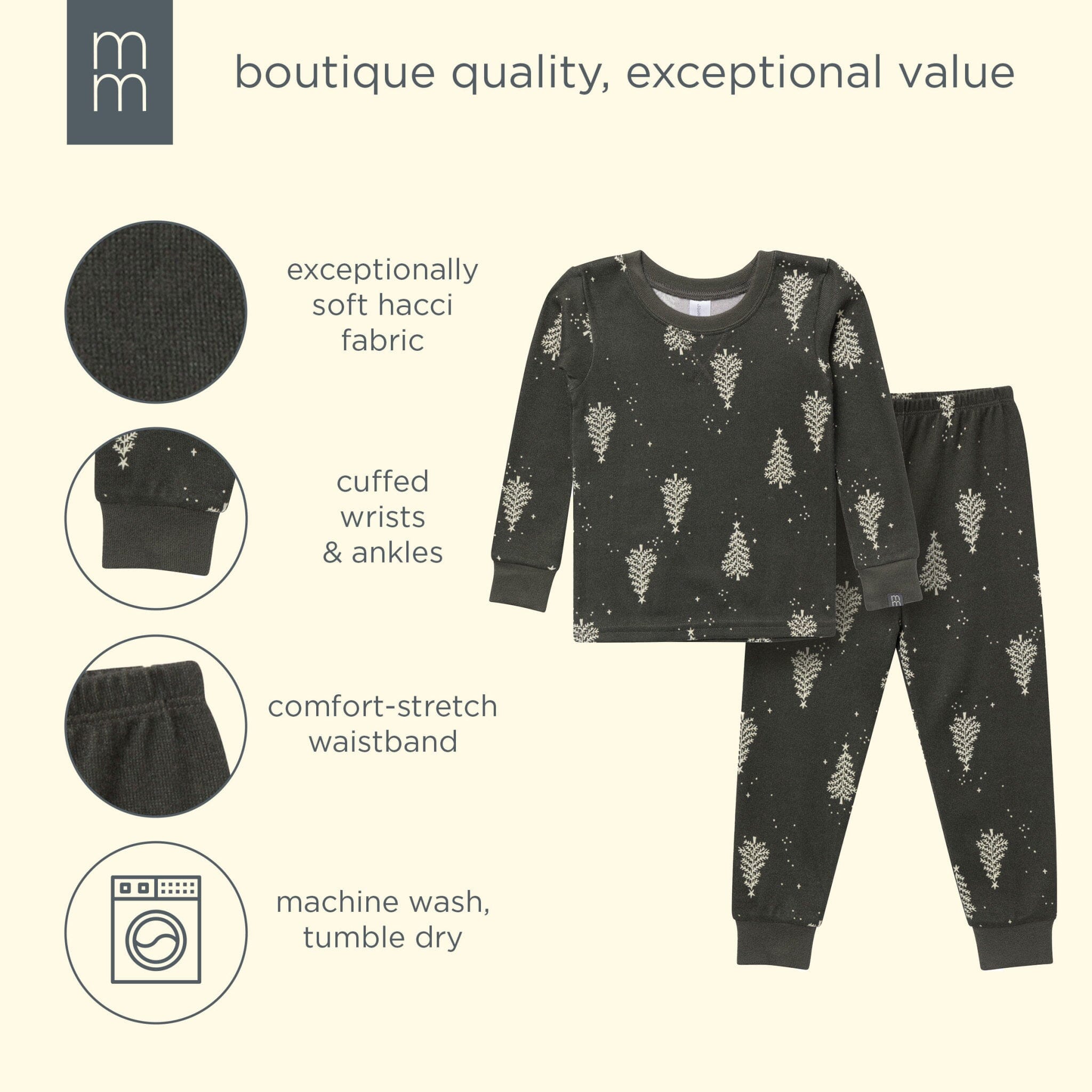 2-Piece Neutral Green Christmas Tree Snug Fit Pajama Set - Image 6