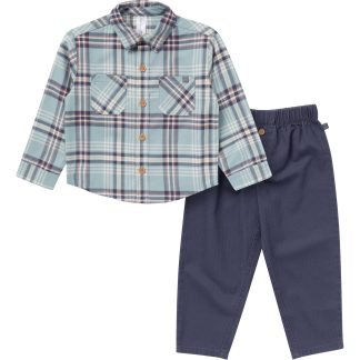 2-Piece Boys Blue Plaid Shirt and Pant Set
