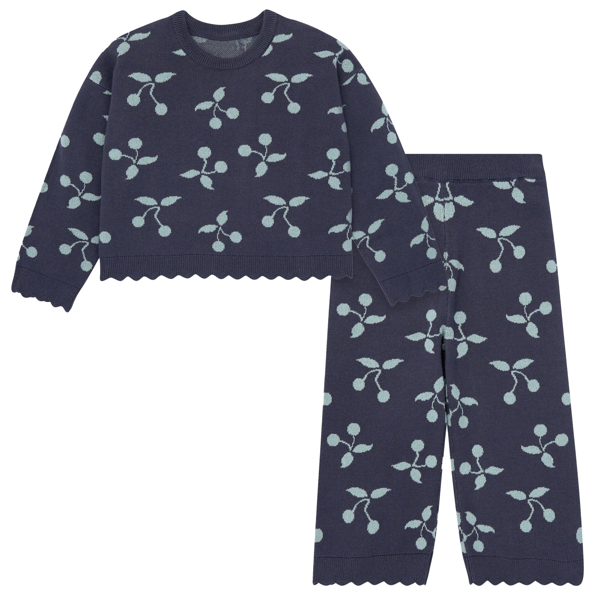 2-Piece Infant & Toddler Girls Blue Cherry Sweater and Pant Set