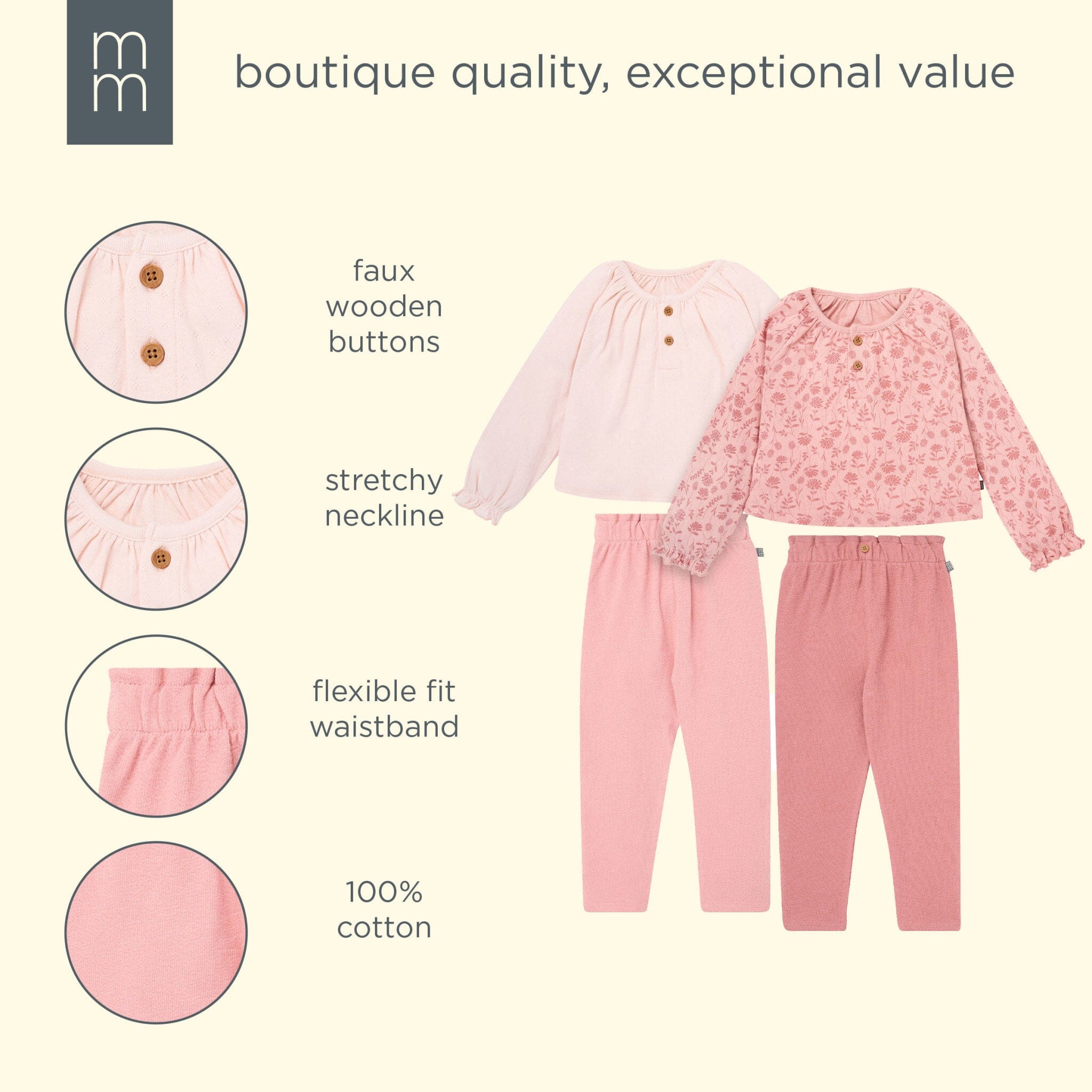 4-Piece Girls Rose Henley Tops and Paperbag Pants Set - Image 10