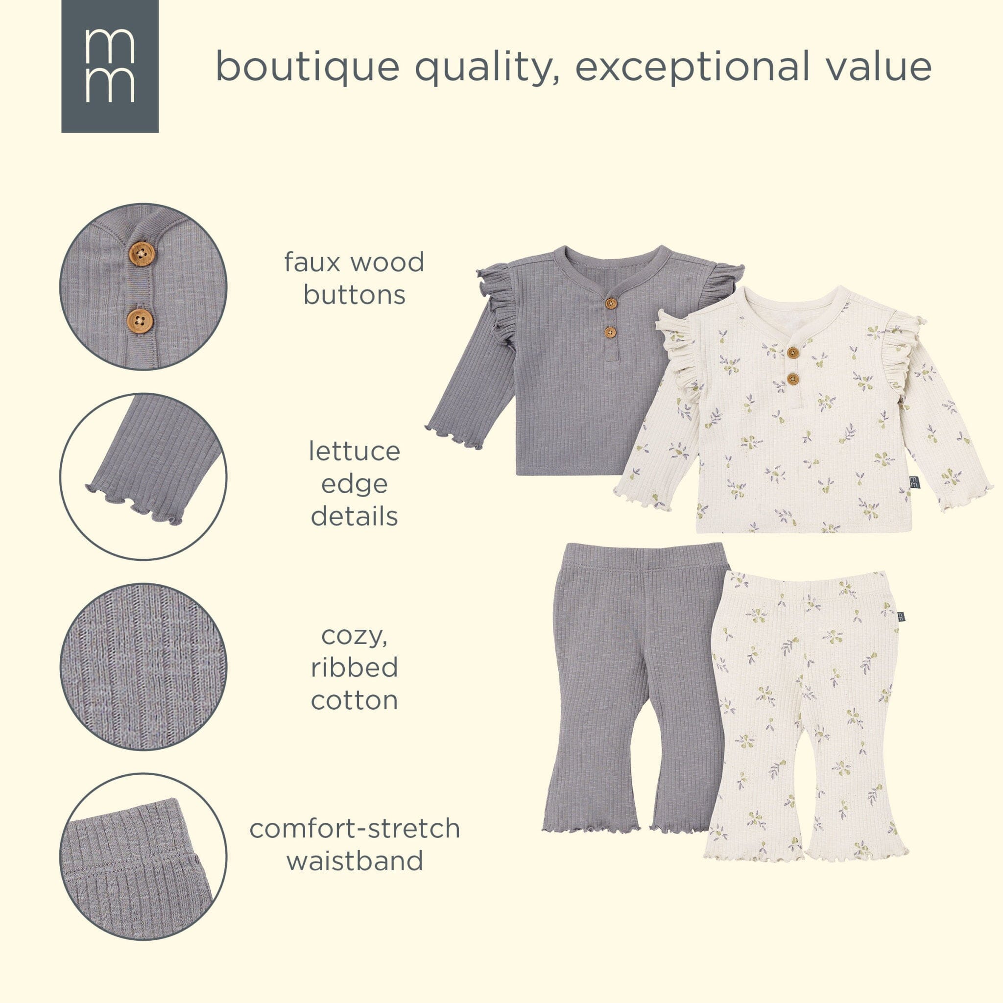 4-Piece Baby Girls Pear Henley Ruffle Tops and Pants Set - Image 10