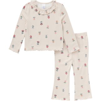 2-Piece Girls Small Flowers Ruffle Collar Top and Flare Pant Set