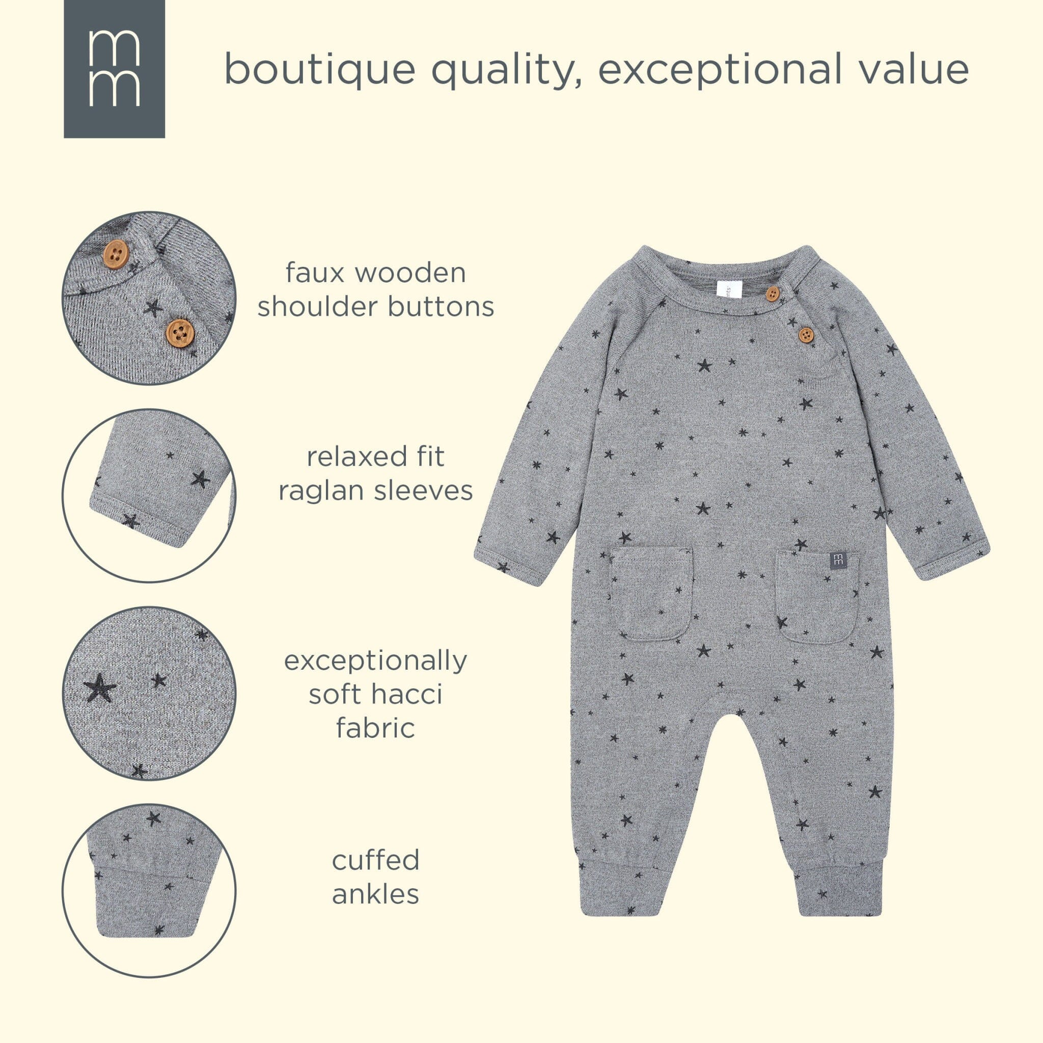 Baby Boys Grey Heather Stars Hacci Long Sleeve Romper - Image 5
