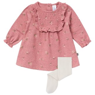 2-Piece Baby Girls Old Rose Floral Dress and Tights Set