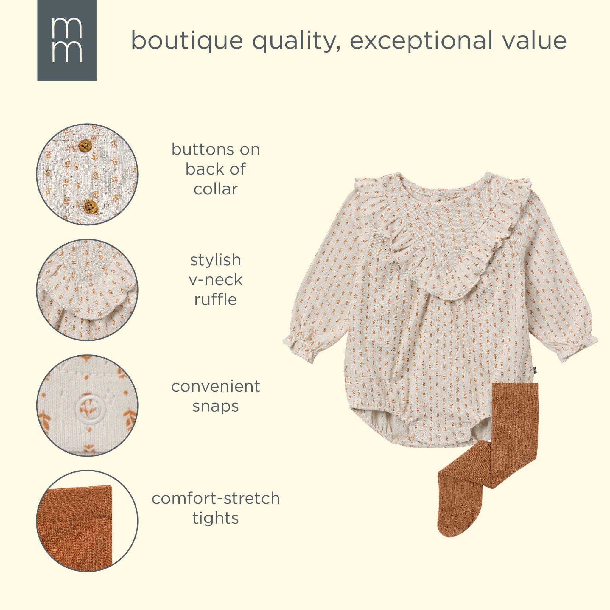 2-Piece Baby Girls Brown Fleur Bubble Romper and Tights - Image 8