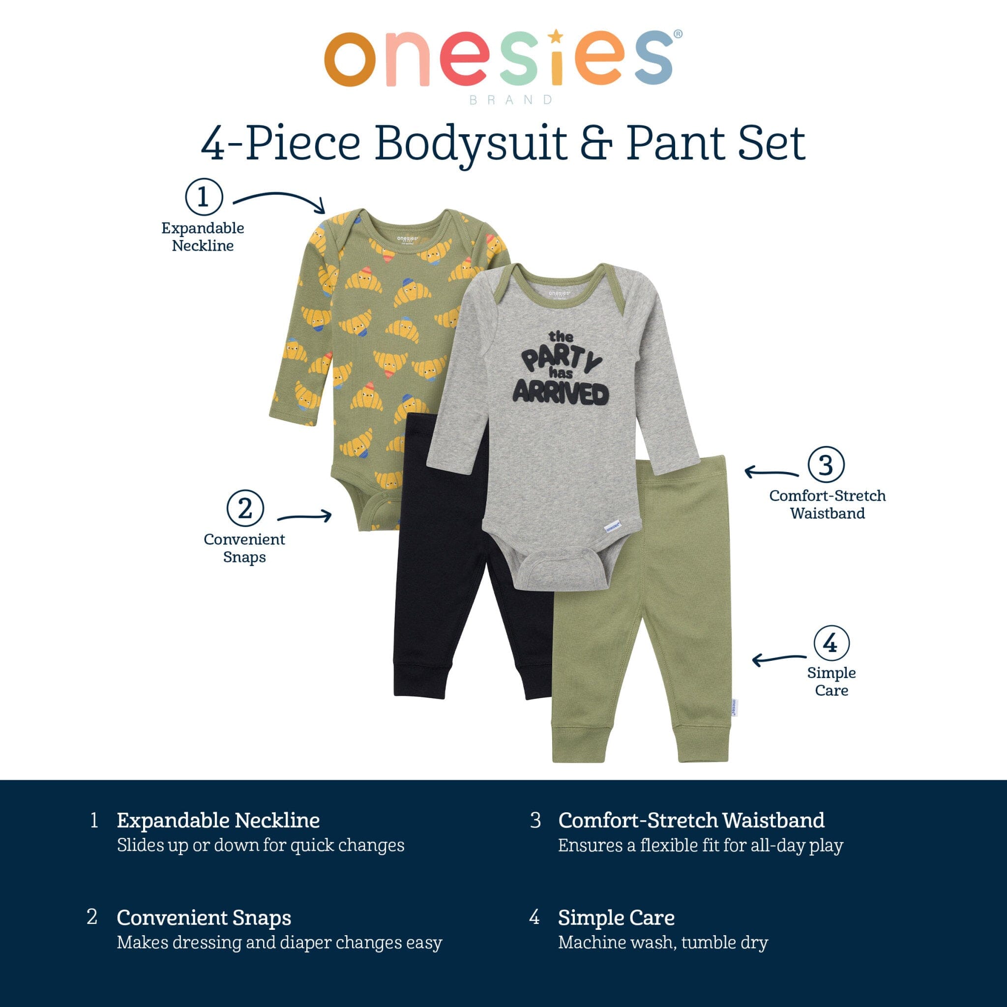 4-Piece Baby Boys Party Croissant Onesies® Bodysuits and Pants - Image 6