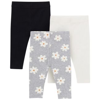 3-Pack Baby & Toddler Girls Gray Flowers, Cream and Black Ribbed Leggings