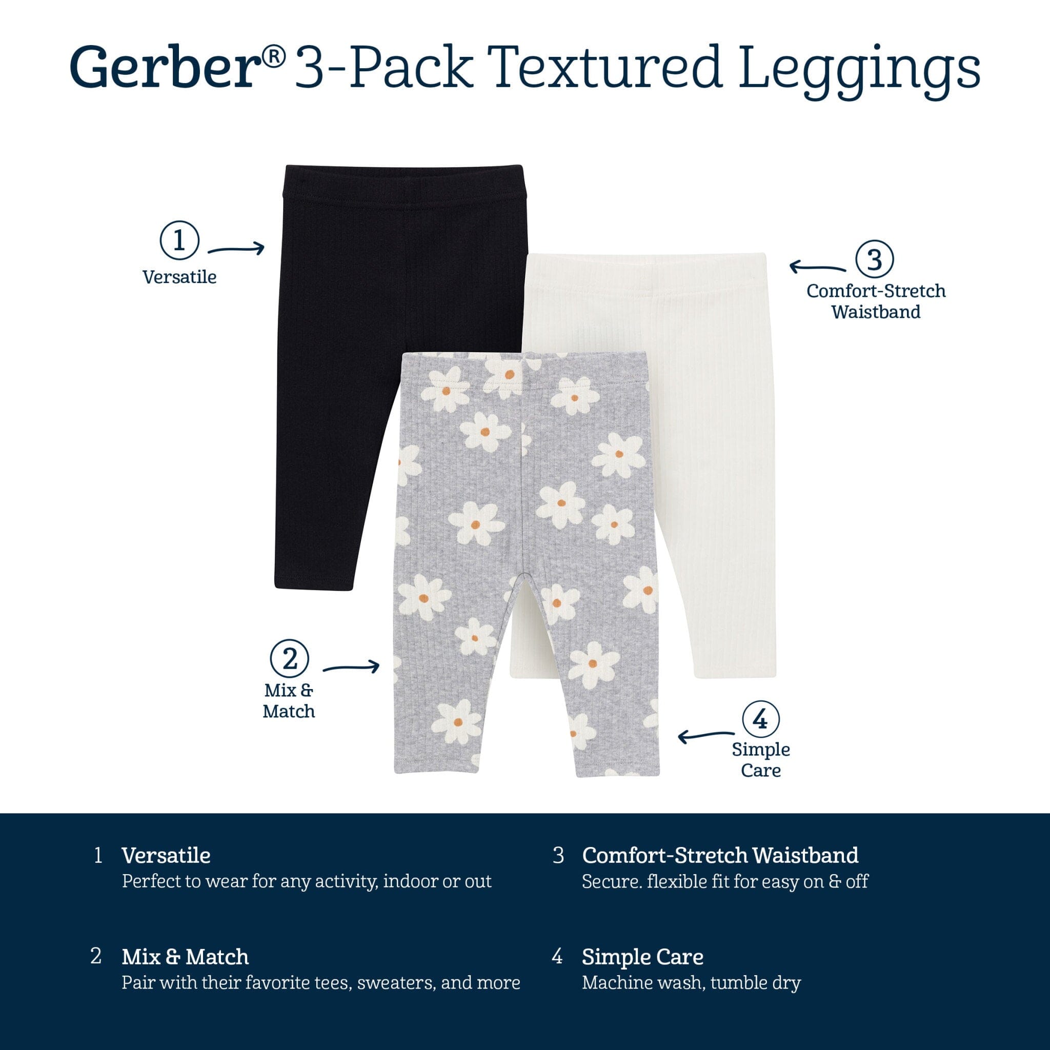 3-Pack Baby & Toddler Girls Gray Flowers, Cream and Black Ribbed Leggings - Image 5