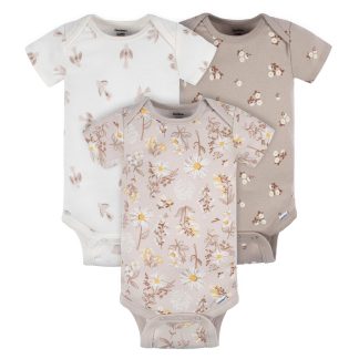 3-Pack Baby Girls Taupe Flower Fields Short Sleeve Onesies® Bodysuits