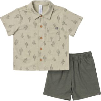 2-Piece Infant & Toddler Boys Green Cactus Button Front Shirt and Shorts Set
