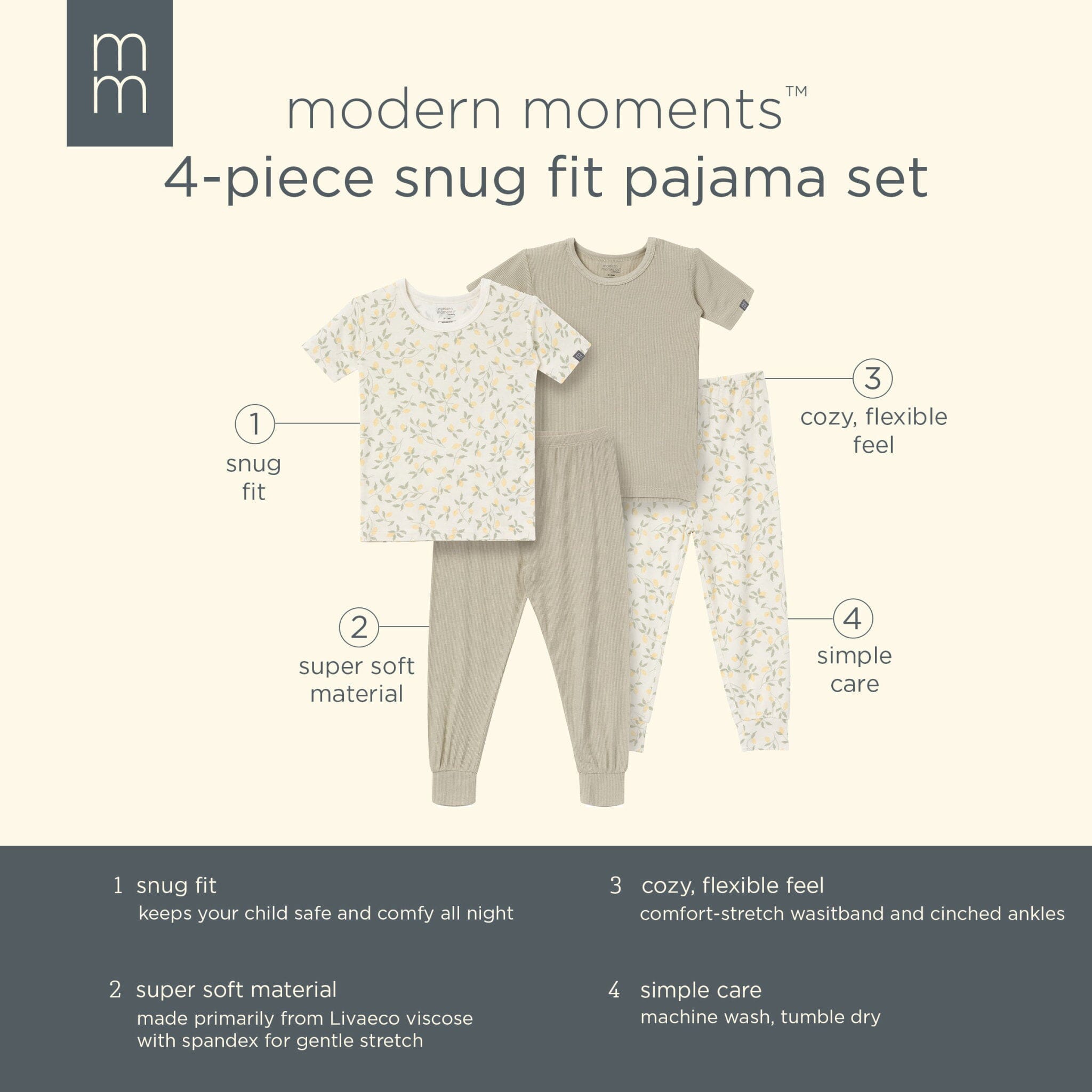 4-Piece Infant & Toddler Girls Lemon Vines Viscose Snug Fitting Pajamas - Image 11