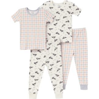 4-Piece Infant & Toddler Neutral Blue Plaid Viscose Snug Fitting Pajamas