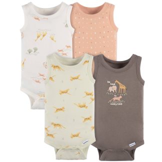 4-Pack Baby Neutral Ivory Safari Sleeveless Onesies® Bodysuits