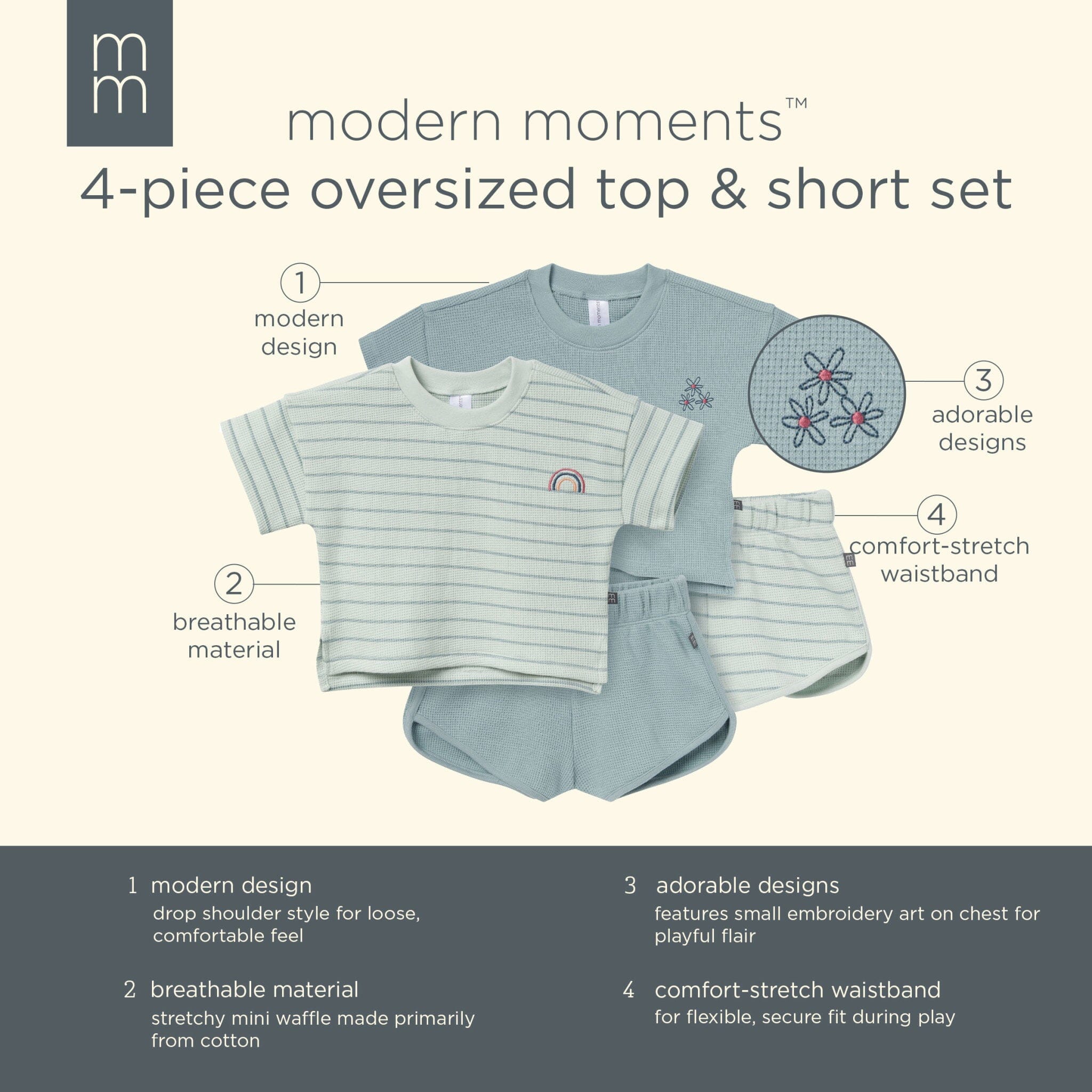 4-Piece Infant & Toddler Girls Light Sky Stripe Drop Shoulder Crop Tops and Shorts Set - Image 12