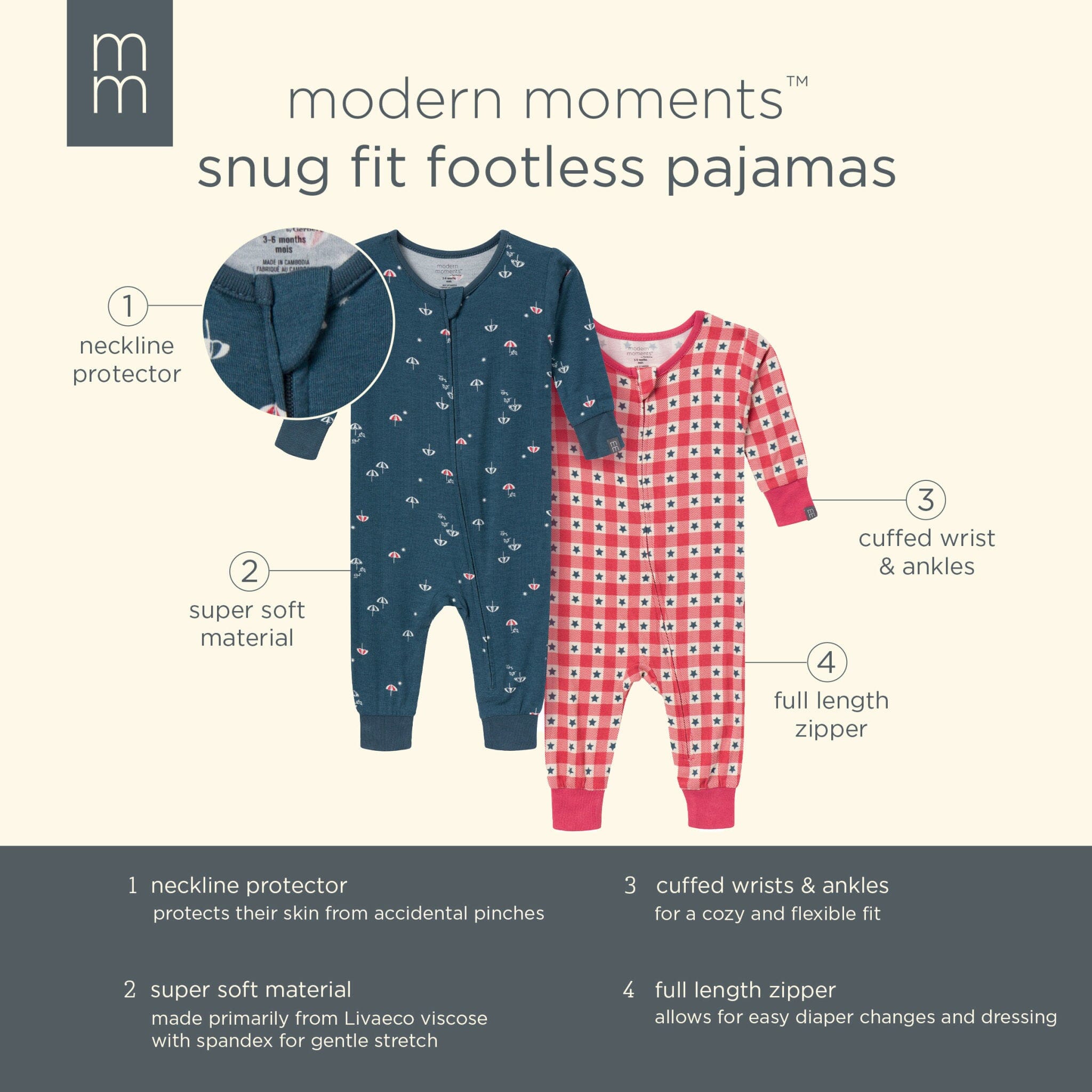 2-Pack Baby & Toddler Neutral Blue Umbrella Viscose Snug Fitting Footless Pajamas - Image 12