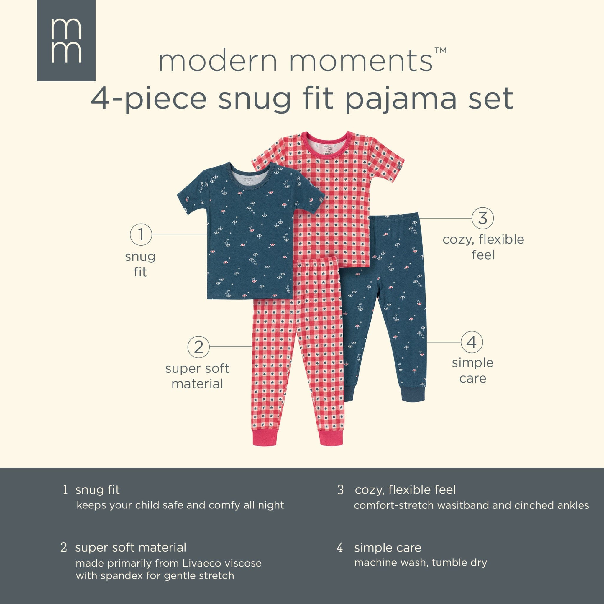 4-Piece Infant & Toddler Neutral Blue Umbrella Viscose Snug Fitting Pajamas - Image 12